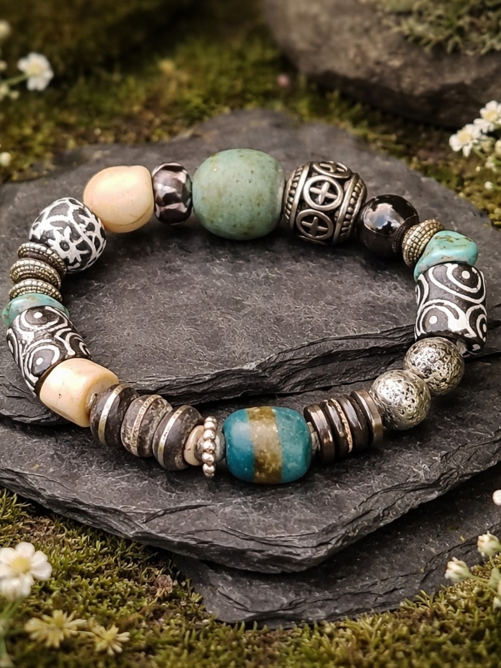 Boho Real Turquoise With Tribal Krobo Beads Handmade Bracelet